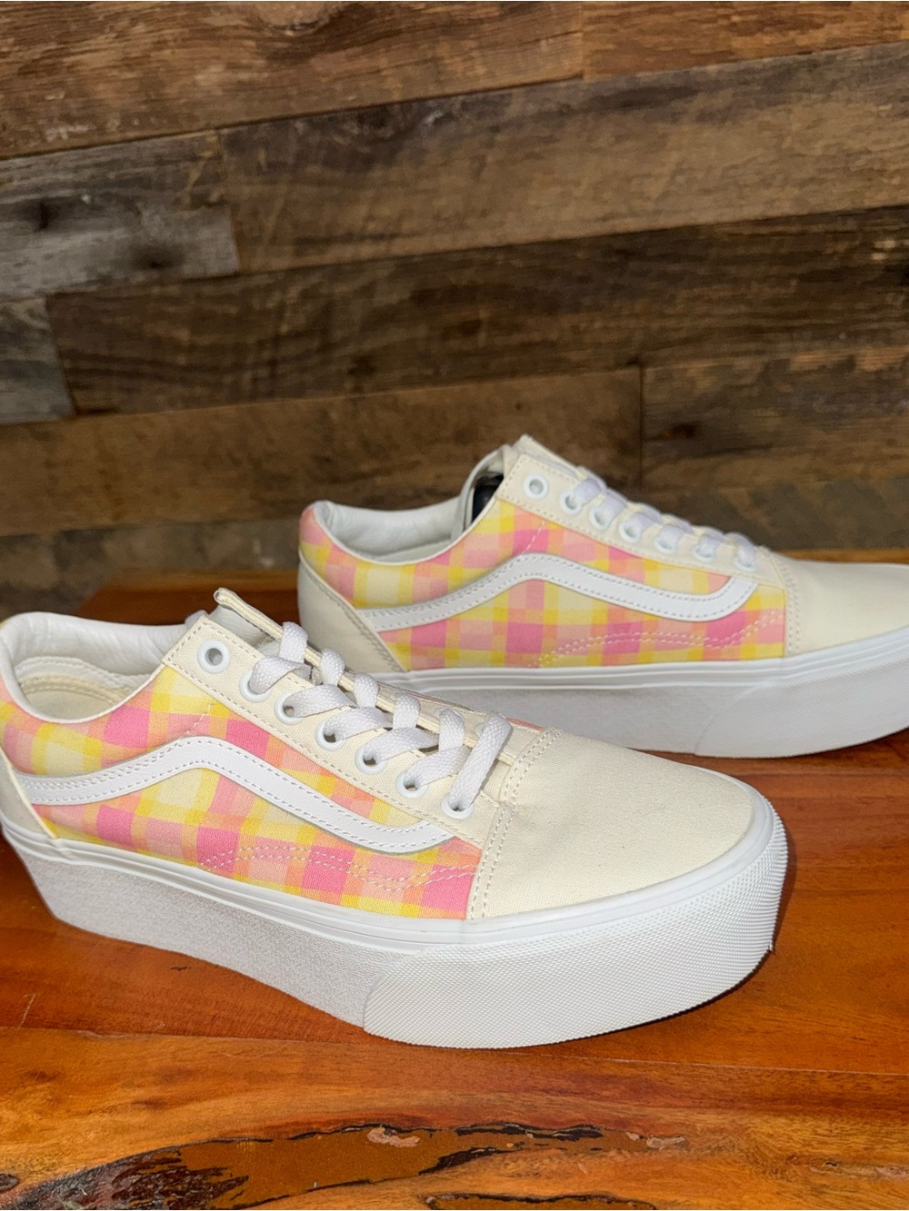 Vans Old Skool Stackform Pastel Picnic Pink Plaid Platform Sneakers W9 NWOT